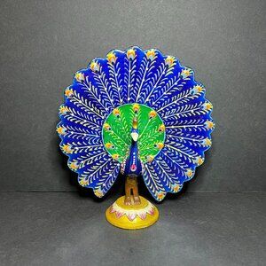 Vintage Hand Painted Blue & Green Metal Folk Art Dancing Peacock Figure 5.5"